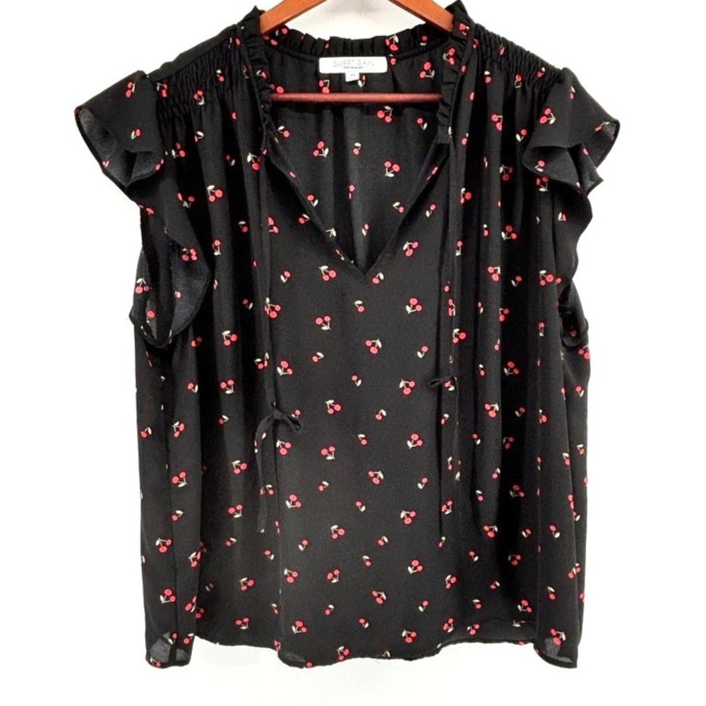 Cherry Print  Flutter Sleeve Top Plus Sz 3X Tie Neck Shirred Shoulder Peasant